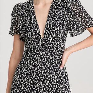 Reformation Black and White Ruffled Midi Dress with Plunge Neckline